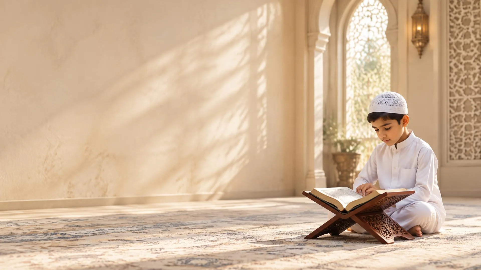 A young boy in a white thobe and kufi reading the Quran on a wooden rehal in a sunlit Islamic study interior
